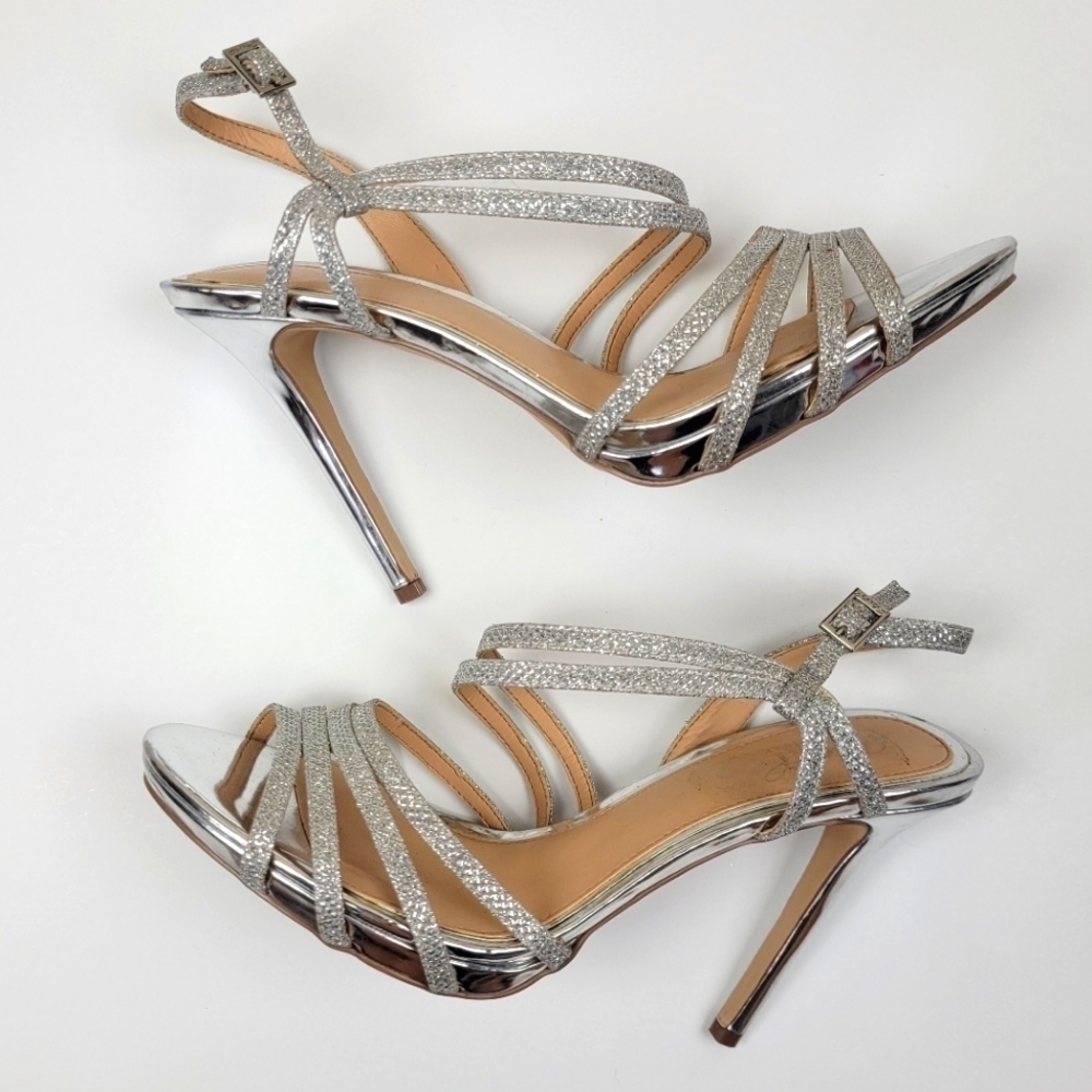 Jewel Badgley Mischka Silver Glitter Strappy Heels